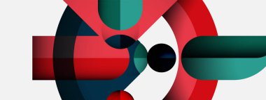 Üst üste binen renkli şekiller içeren soyut bir kompozisyon. Kırmızı, deniz mavisi, siyah daireler dinamik görsel ilgi yaratır. Minimalist tasarım.