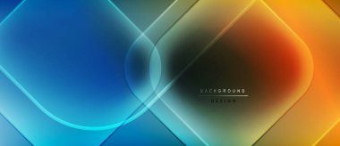 Soyut geometrik tasarım. Canlı gradyanlar mavi, turuncu ve yeşil renkleri harmanlarlar. Üst üste binen kareler dinamik görsel efekt yaratır. Modern, şık bir sunum.