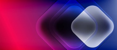 Soyut arkaplan özellikleri katmanlı kareler, canlı pembeler, maviler, morlar. Gradyan etkisi derinlik yaratır, modern estetik.