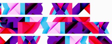 Soyut geometrik şekiller örtüşür, canlı renkli desenler yaratır. Kalın pembeler, maviler, morlar kompozisyona hakim. Minimalist tasarım.