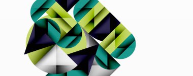 Soyut geometrik şekiller örtüşür, dinamik bileşim yaratır. Yeşil, koyu mavi, kireç renkleri beyaz arkaplana hakim. Modern tasarım.