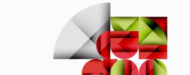 Soyut geometrik bileşim. Şekiller örtüşüyor, dinamik görsel ilgi yaratıyor. Kırmızı, yeşil, gri tonlar tasarımda baskın. Minimalist stil.