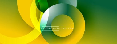 Soyut arkaplan özellikleri üst üste binen daireler, gradyanlar. Sarı, yeşil renkler dinamik görsel efekt yaratır. Modern tasarım ögesi.