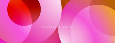 Soyut daireler örtüşüyor, canlı pembe, kırmızı, sarı gradyanlar yaratıyor. Metin elementli modern tasarım. Yumuşak geçişler, minimalist estetik.
