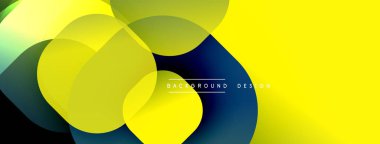 Soyut sarı, mavi renkler. Üst üste binen daireler dinamik görsel efekt yaratır. Arkaplan ve sunumlar için modern tasarım ögesi.
