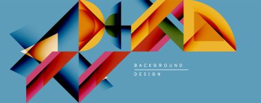 Soyut geometrik bileşim. Parlak renkli şekiller örtüşür, dinamik görsel efekt yaratır. Eğilimli modern tasarım, gölgeler, mavi zemin.