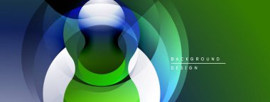 Soyut tasarım katmanlı daireler, canlı yeşil, mavi renkler içerir. Modern, pürüzsüz gradyanlar dinamik görsel efekt yaratır.