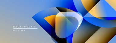 Soyut geometrik şekiller örtüşür, parlak mavi ve turuncu renkler yaratır. Modern tasarım elementleri dinamik görsel deneyim önerir.