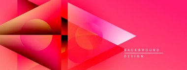Soyut geometrik şekiller, canlı pembe gradyanlar, modern tasarım. Üst üste binen üçgenler, daireler dinamik bileşim oluşturur. Arkaplan metni mevcut.