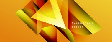 Soyut geometrik tasarım. Parlak sarı, turuncu renkler dinamik kompozisyon oluşturur. Çeşitli projeler için modern arkaplan.