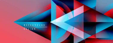 Soyut geometrik şekiller örtüşüyor, canlı renk eğimleri yaratıyor. Pembe, kırmızı, mavi renkler tasarımda baskın. Modern arkaplan dokusu.