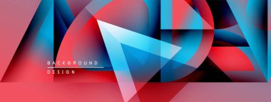 Soyut geometrik şekiller örtüşüyor, canlı kırmızı ve mavi renkler yaratıyor. Modern tasarım elementleri dinamik görsel deneyim önerir.