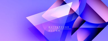 Soyut geometrik şekiller örtüşüyor, canlı mor ve mavi renkler yaratıyor. Modern tasarım elementleri dinamik hareket, görsel doku önerir.
