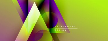 Soyut geometrik şekiller örtüşüyor, canlı renk eğimleri yaratıyor. Sarı, mor, yeşil renkler tasarımda baskın. Modern estetik.
