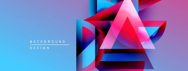Soyut geometrik tasarım. Parlak renkler karışıyor, katmanlı üçgen şekiller yaratıyor. Mavi 'den mor' a geçiş. Modern görsel kompozisyon.