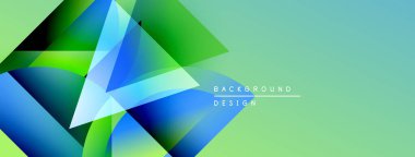 Soyut geometrik şekiller örtüşür, parlak mavi, yeşil eğimler yaratır. Arkaplan modern tasarım unsurları, temiz estetik.