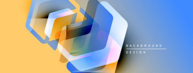 Soyut geometrik şekiller örtüşüyor, canlı renk eğimleri yaratıyor. Sarı, mavi renkler tasarıma egemen, modern estetik.