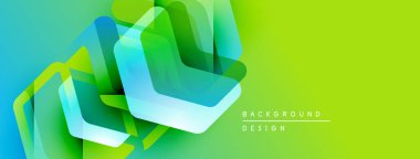 Soyut geometrik şekiller örtüşüyor, canlı yeşil, mavi renkler yaratıyor. Modern tasarım teknoloji, yenilik ve enerji öneriyor. Temiz estetik.