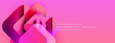 Soyut geometrik şekiller örtüşür, canlı pembe gradyan arkaplan oluşturur. Modern tasarım elementleri dijital sanat bileşimini öneriyor.