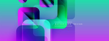 Soyut canlı tasarım, şeffaf karelerle örtüşen özellikler. Renkler turkuazdan mora karışır. Modern estetik, temiz kompozisyon.