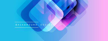 Soyut geometrik şekiller örtüşüyor, parlak mavi ve mor renkler yaratıyor. Modern tasarım elementleri teknoloji ve yenilik öneriyor.