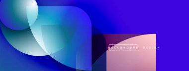 Soyut sıvı şekiller, canlı mavi renkler baskın gelir. Metin içeren pembe dikdörtgen, karşıtlık ekler, modern tasarım ögesi.