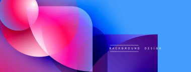 Soyut, enerjik şekiller çakışıyor ve dinamik bir değişim etkisi yaratıyor. Mavi, pembe, mor renkler kompozisyona hakim. Modern tasarım ögesi.