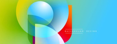 Soyut renkli şekiller çakışıyor. Yeşilden maviye geçiş. Metin arka plan tasarımı okur. Modern görsel kompozisyon.