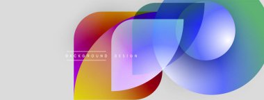 Soyut renkli şekiller örtüşür, dinamik görsel efekt yaratır. Arkaplanda eğim renkleri, modern tasarım unsurları var.