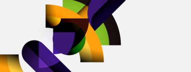 Soyut şekiller örtüşür, dinamik bileşim yaratır. Canlı renkler beyaz arkaplana hakim. Modern tasarım elementleri sıvı formlarını sunar.