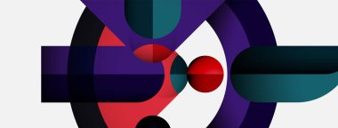 Soyut kompozisyon, üst üste binen daireler, canlı renkler. Kırmızı, mor, deniz mavisi baskın tasarım, dinamik görsel etki yaratıyor. Modern, geometrik.