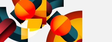 Soyut geometrik şekiller, canlı renkler, turuncu daireler kompozisyona hakim. Teal, sarı aksanlar dinamik görsel ilgi yaratır. Modern tasarım.