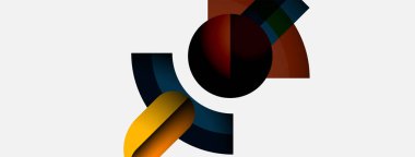 Soyut geometrik şekiller örtüşür, dinamik bileşim yaratır. Renkler arasında kahverengi, mavi, altın, yeşil, siyah, beyaz yer alıyor. Minimalist tasarım.