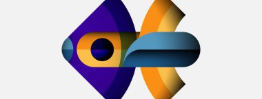 Soyut grafik tasarım canlı şekiller, üst üste binen şekiller içerir. Mor, turuncu, mavi renkler dinamik kompozisyon yaratır. Modern estetik.