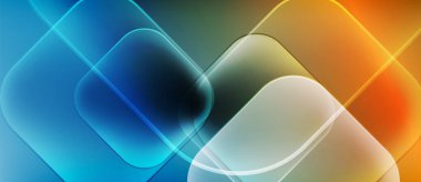 Soyut geometrik şekiller çakışıyor. Mavi, yeşil, turuncu renkler modern görsel efekt yaratıyor. Düzen eğimleri kompozisyona hakim.