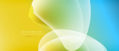 Soyut arkaplan sarı, yeşil ve mavi renkte akıyor. Üst üste binen yarı saydam çemberler, dinamik görsel efekt yaratır. Basit metin arkaplan tasarımı okur.
