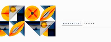 Soyut geometrik desen. Turuncu, mavi, gri şekiller modern tasarım yaratır. Temiz çizgileri ve simetrisi olan minimalist bir tarz..
