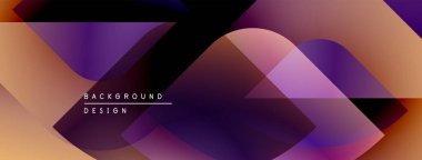 Soyut geometrik şekiller örtüşüyor, canlı renk eğimleri yaratıyor. Tasarımda turuncu, mor, mavi renkler var. Modern estetik.