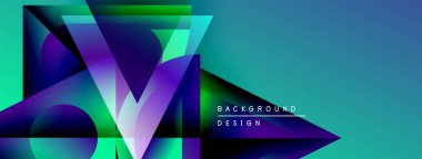 Soyut geometrik şekiller örtüşüyor, canlı renk eğimleri yaratıyor. Mavi, mor, yeşil renkler tasarımda baskın. Modern estetik.