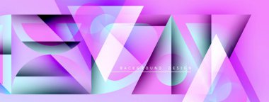 Soyut geometrik şekiller örtüşüyor, canlı pembe, mor, deniz mavisi renkleri yaratıyor. Arkaplan ve sunumlar için modern tasarım ögesi.