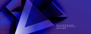 Soyut mavi geometrik şekiller dinamik arkaplan yaratır. Modern tasarım katmanlı çokgenler, gradyanlar, metin ögeleri içerir.