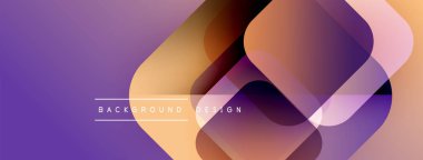 Soyut geometrik şekiller örtüşür, canlı bir gradyan arkaplan oluşturur. Mor renkler turuncu aksanlara hakim. Modern tasarım ögesi.