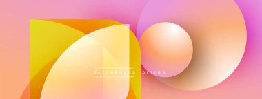 Soyut tasarım canlı gradyanlar, geometrik şekiller, yumuşak kıvrımlar içerir. Pembe, sarı, turuncu renkler modern estetik yaratır..
