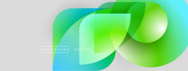 Soyut şekiller örtüşüyor, parlak mavi, yeşil gradyanlar yaratıyor. Arka planlar ve sunumlar için modern tasarım öğesi. Yumuşak geçişler görünür.