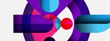 Soyut kompozisyon. Üst üste binen şekiller dinamik görsel efekt yaratır. Canlı renkler, pürüzsüz gradyanlar, mevcut modern tasarım elementleri.