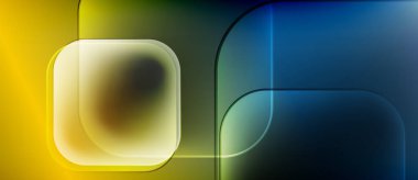 Soyut kompozisyon. Geometrik şekiller örtüşür, gradyanlar sarı, yeşil, mavi renkler harmanlanır. Minimalist tasarım, yumuşak ışıklandırma derinlik yaratır.