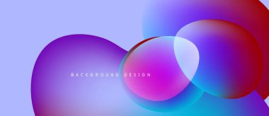 Soyut renkli çakışan daireler dinamik arkaplan oluşturur. Gradyan tonları mor, mavi ve kırmızı renkleri harmanlıyor. Modern tasarım ögesi.