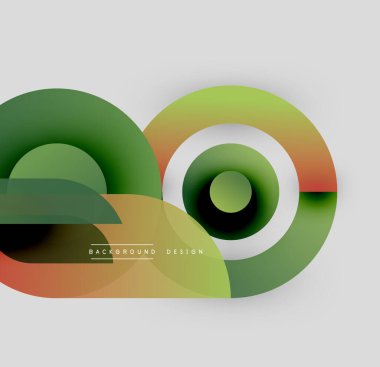 Soyut tasarım özellikleri üst üste binen daireler, gradyanlar. Yeşil, turuncu renkler nötr arka plana hakim. Modern, minimalist estetik.