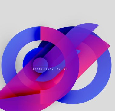 Soyut tasarım özellikleri üst üste binen renkli daireler. Gradyan tonları mor, mavi ve pembe renkleri harmanlıyor. Minimalist estetik, modern kompozisyon.