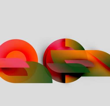 Üst üste binen renkli şekiller içeren soyut bir kompozisyon. Kırmızı, turuncu, yeşil renkler harmanlanarak dinamik görsel efekt yaratır. Minimalist tasarım.